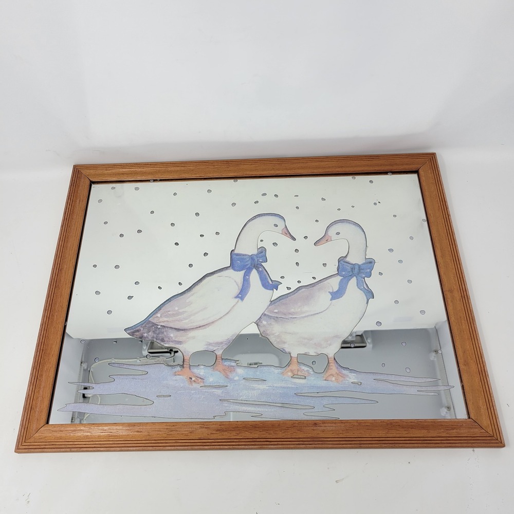 Vintage 80s Country Geese Framed Mirror Wall Art Blue Bows Wood Frame 16.5x12.5